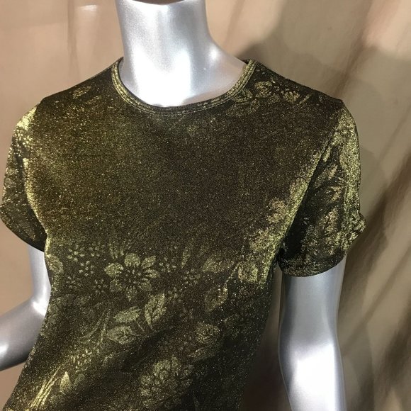 Vintage Small Crew Neck Floral Blouse Metallic Gold Shimmer Stretch Top - Picture 7 of 12